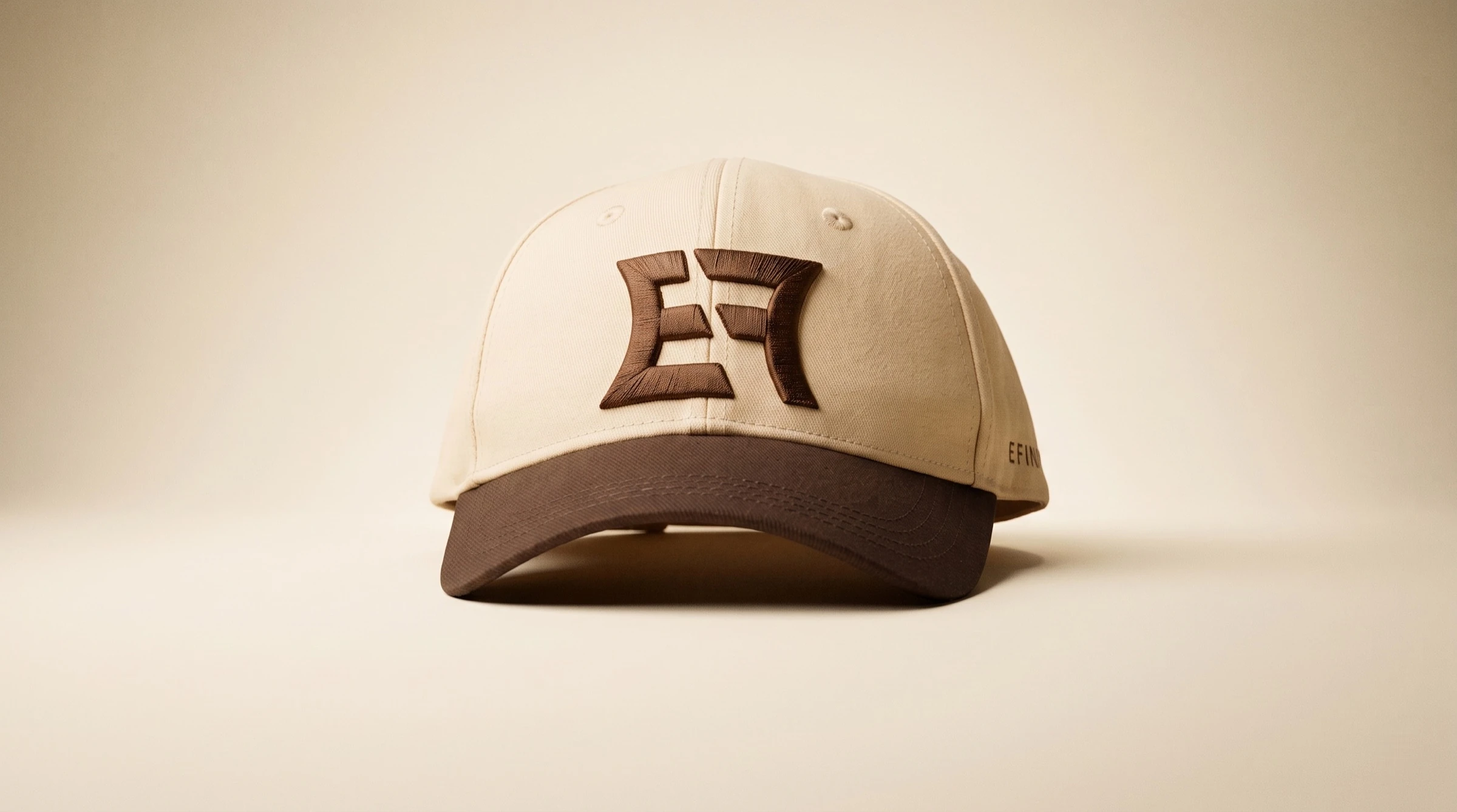 EFINITY cap in off-white cotton twill with a dark brown bill, seen from the front, the EF monogram embroidered on the crown